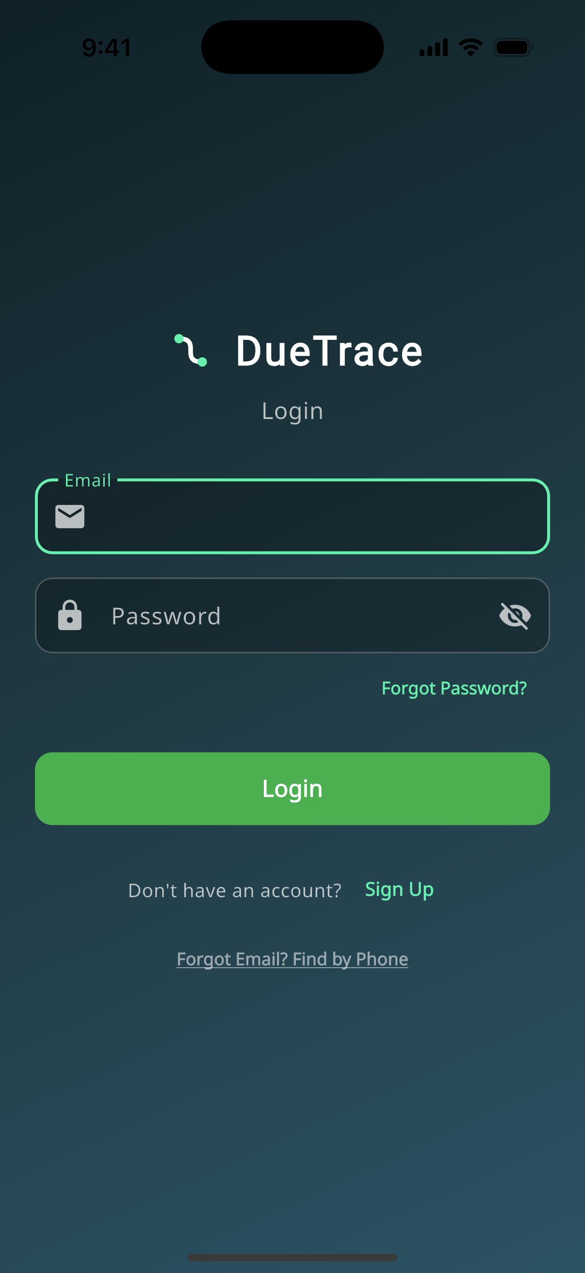 DueTrace login screen with email and password fields