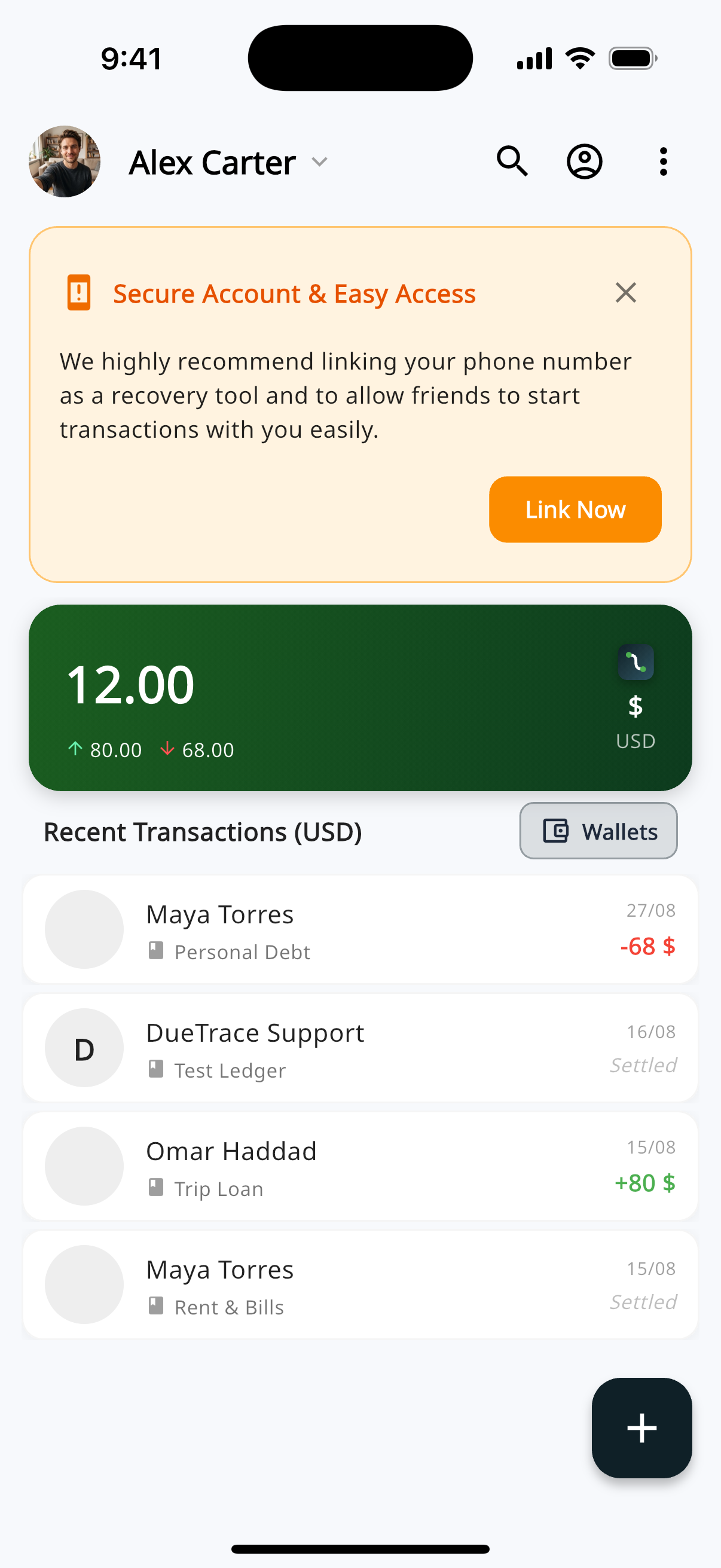 Wallets chip on the home screen next to Recent Transactions