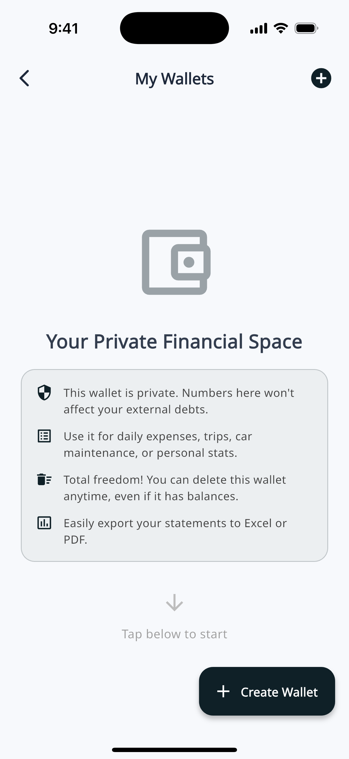 My Wallets empty state with Create Wallet