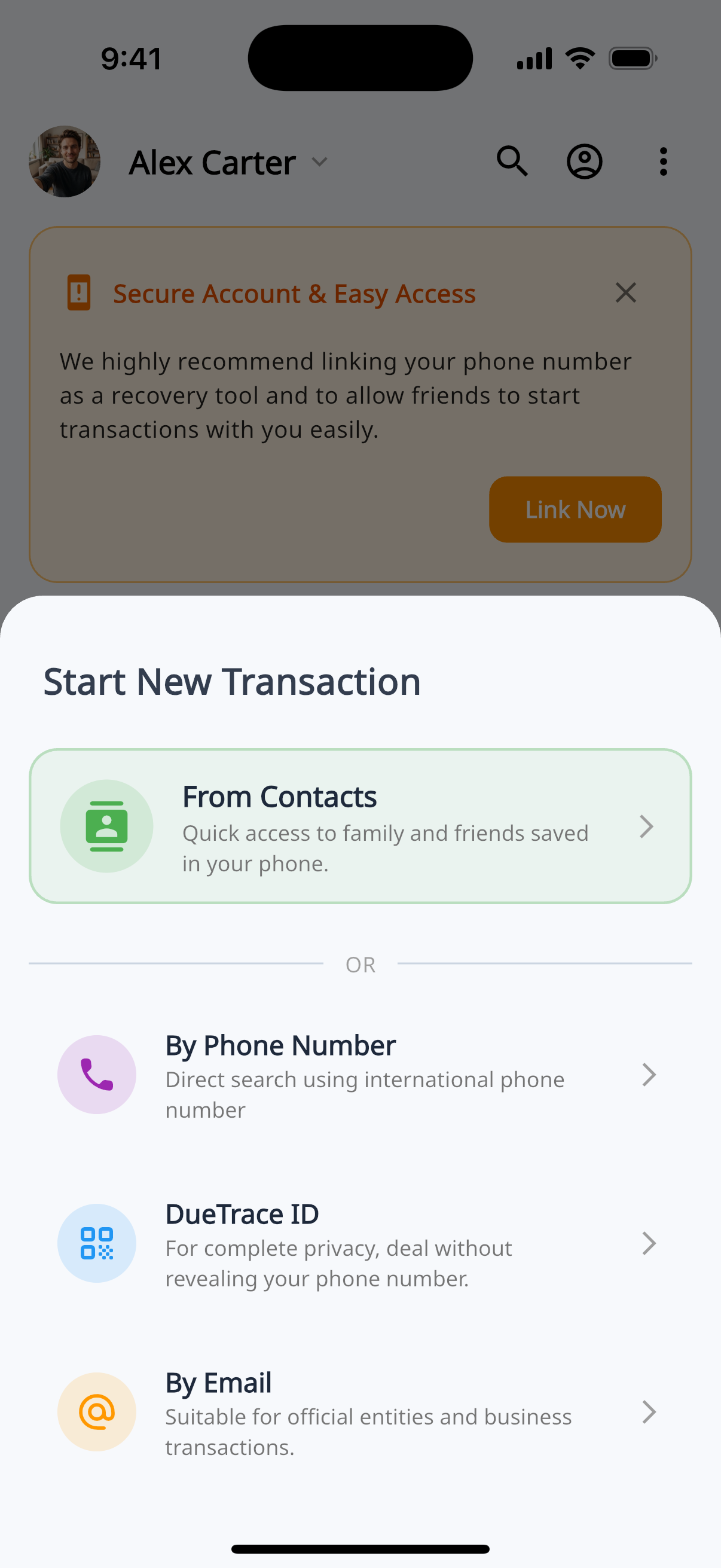 Start New Transaction sheet showing Contacts, Phone, DueTrace ID, and Email