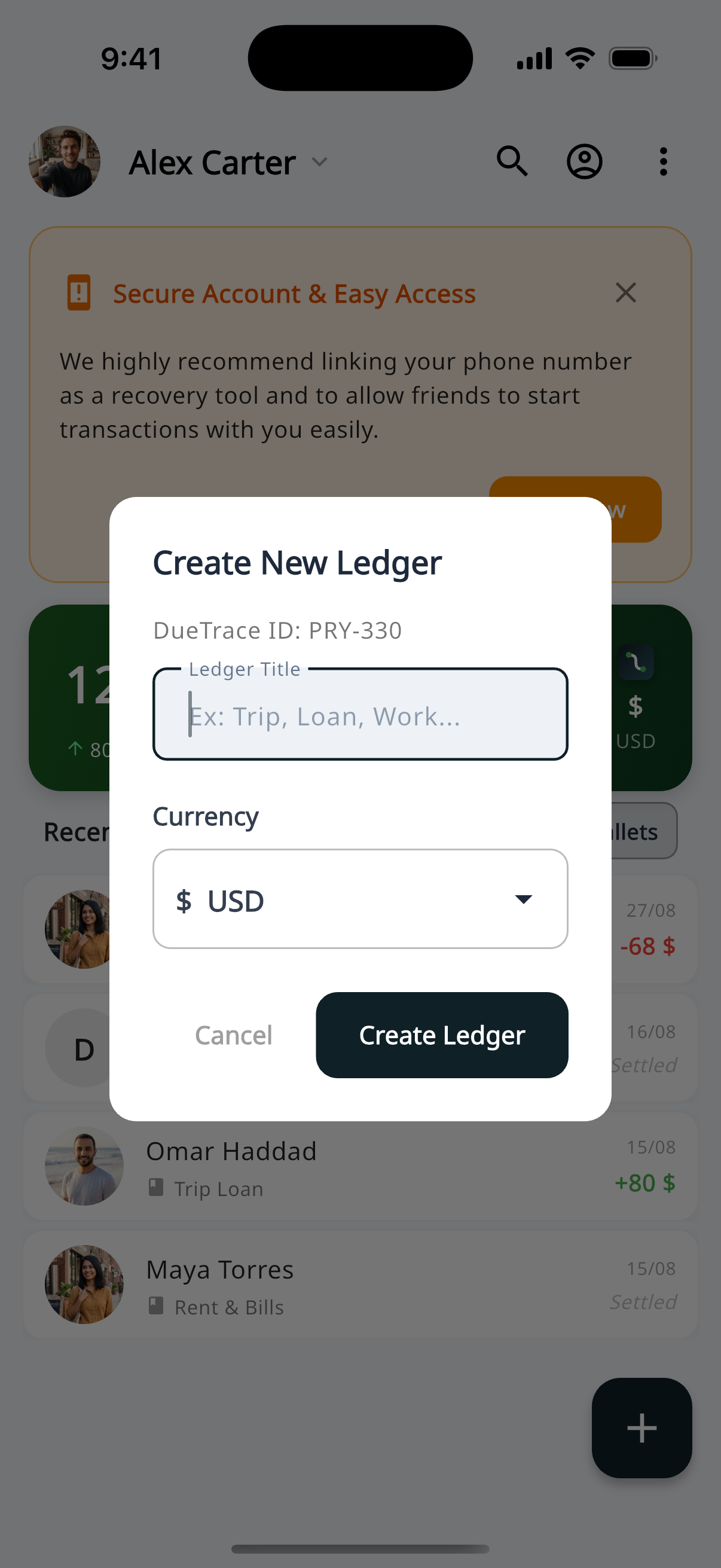 Create New Ledger popup with Ledger Title and currency