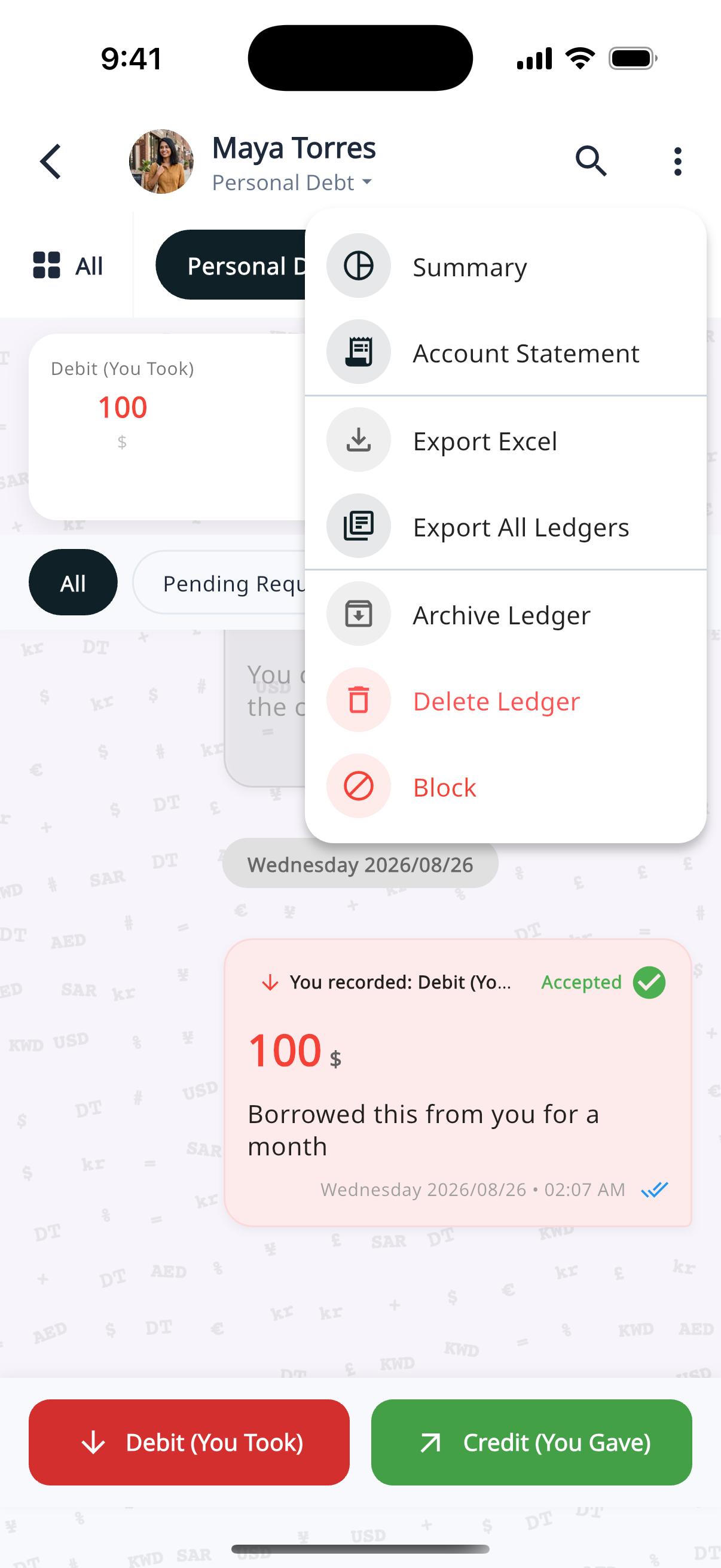 Overflow menu with Account Statement