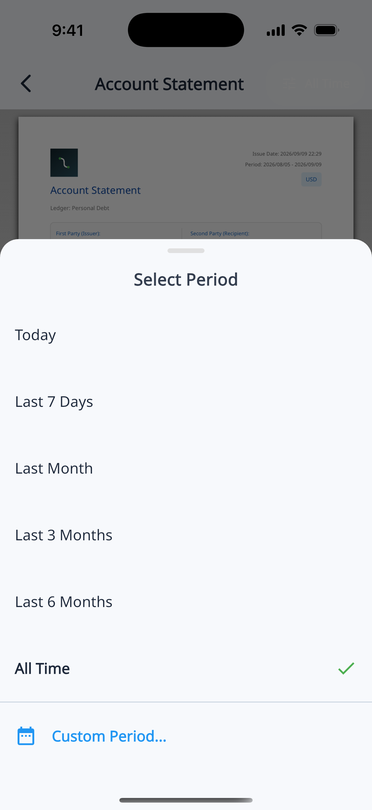 Select Period sheet with Today, Last 7 Days, Last Month, and All Time