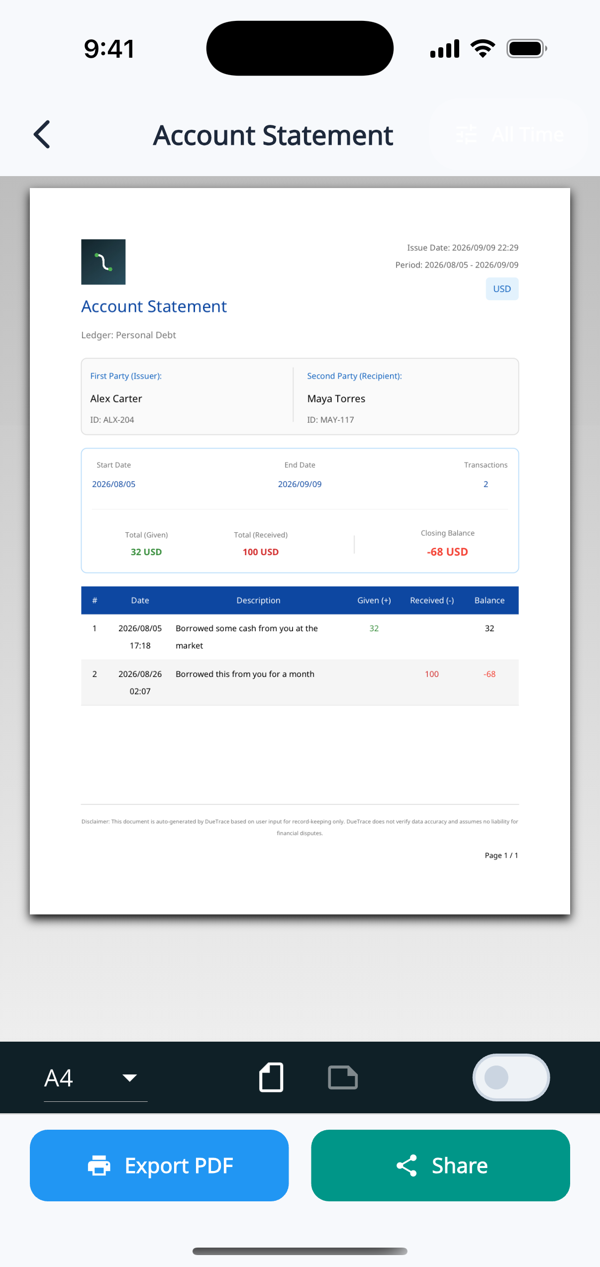 Account Statement PDF preview with Share and Export PDF