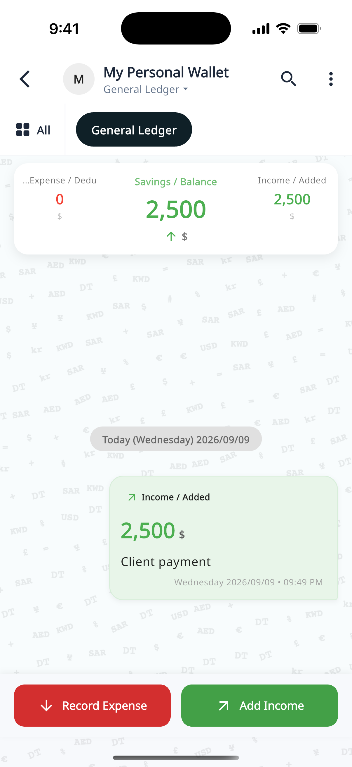 Wallet ledger showing a running balance